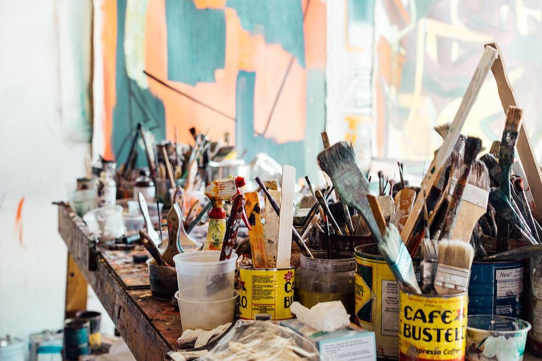 Paint brushes and art supplies